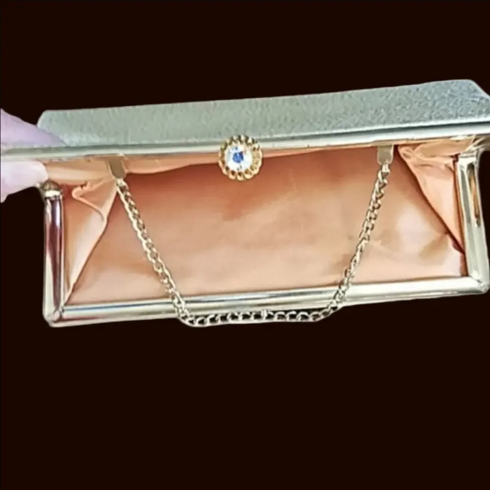 Y2K Silk Clutch Rectangular Gold Sparkle Satin Metal Chain Crystal Clasp